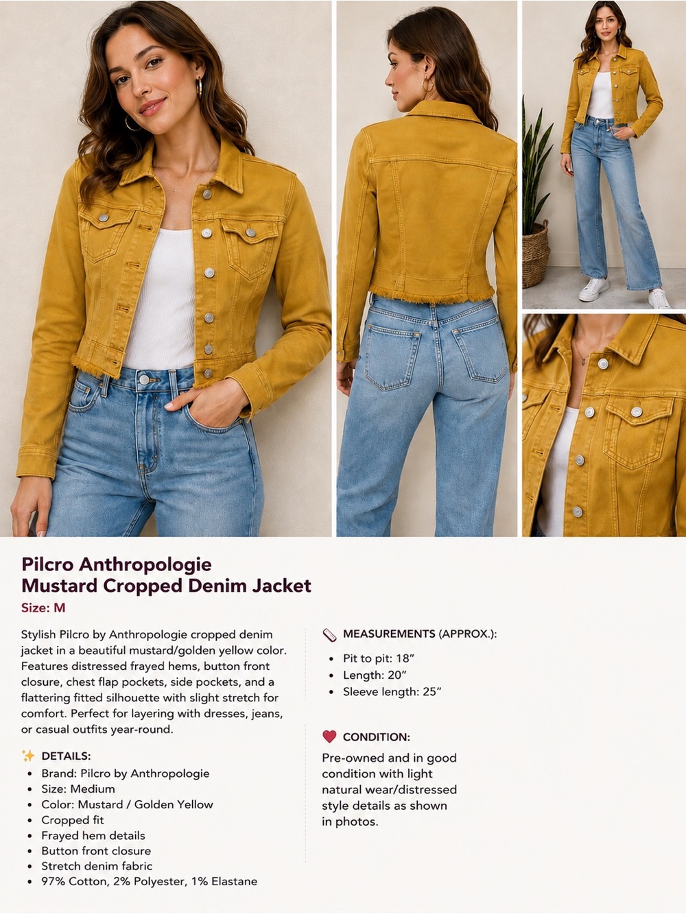 Pilcro Anthropologie Mustard Cropped Denim Jacket M